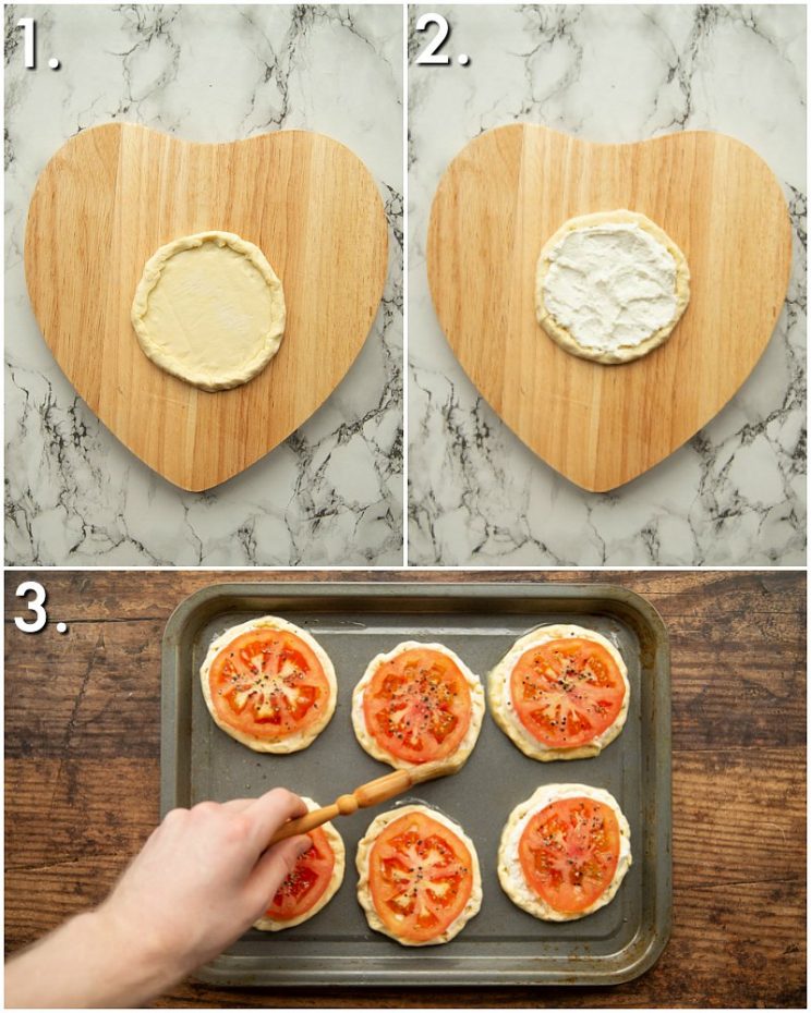 3 step by step photos showing how to make cheese and tomato tarts