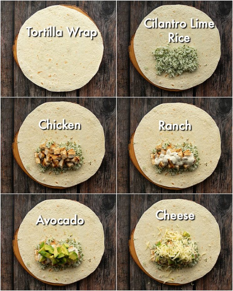 6 step by step photos showing how to make chicken avocado burritos