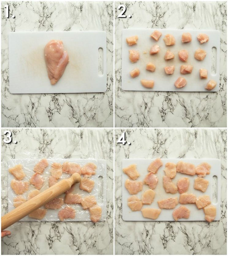 4 step by step photos showing how to make chicken nuggets