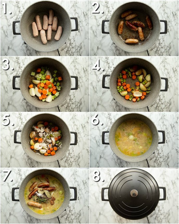 8 step by step photos showing how to make cider sausage casserole