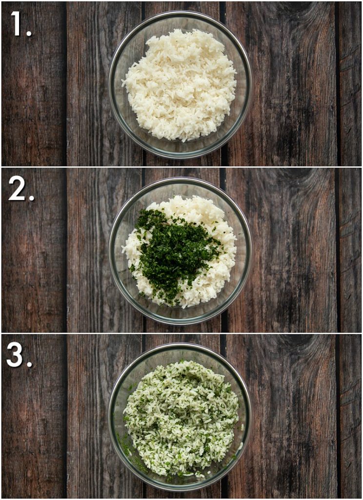 3 step by step photos showing how to make cilantro lime rice