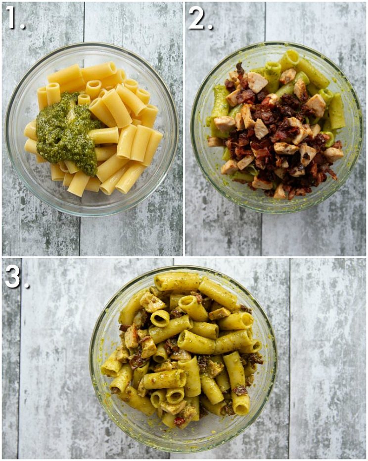 3 step by step photos showing how to make leftover turkey pasta