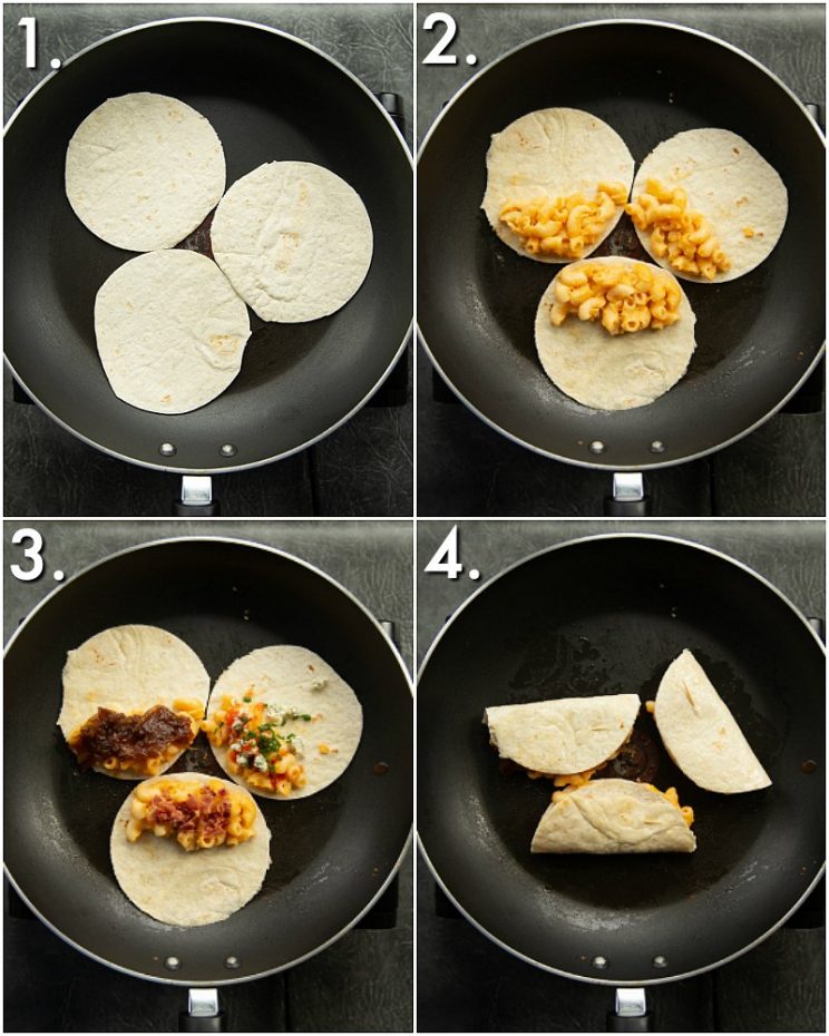4 step by step photos showing how to make mac and cheese quesadillas