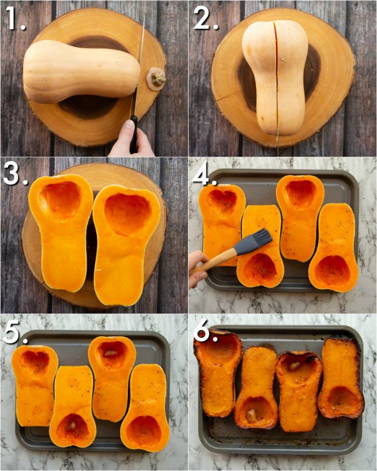 6 step by step photos showing how to roast butternut squash