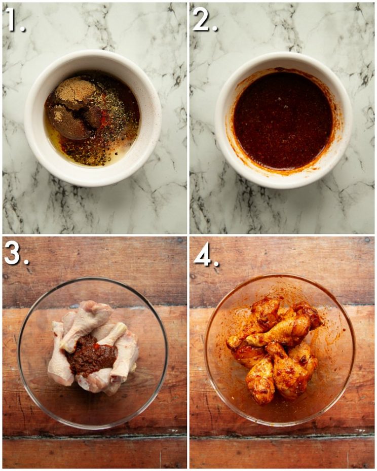 4 step by step photos showing how to season chicken drumsticks