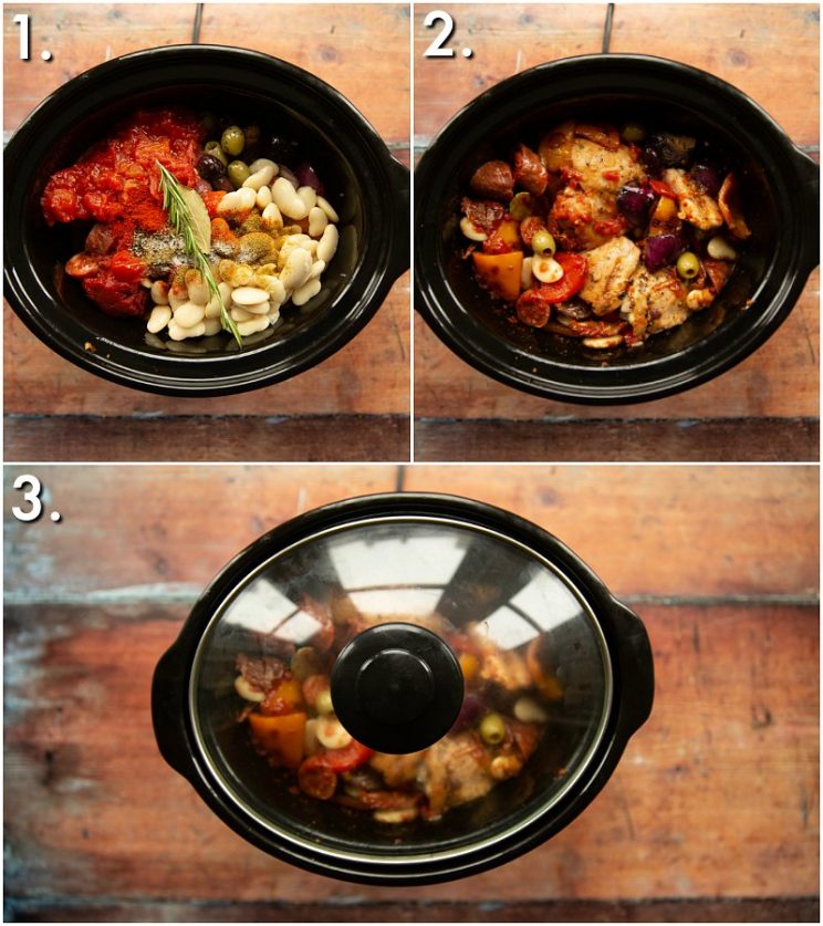 3 step by step photos showing how to slow cook chicken and chorizo