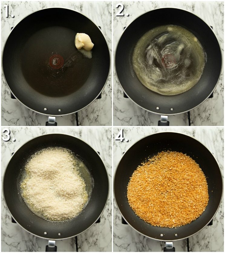 4 step by step photos showing how to toast Panko breadcrumbs