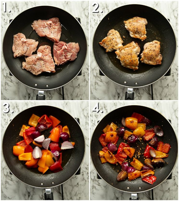 4 step by step photos showing how to pan fry chicken and veg