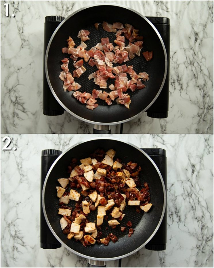 2 step by step photos showing how to fry turkey, bacon and sun dried tomatoes