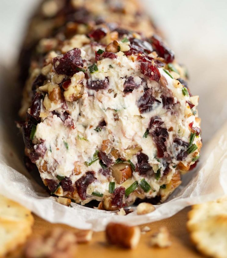 close up shot of cheese log showing filling