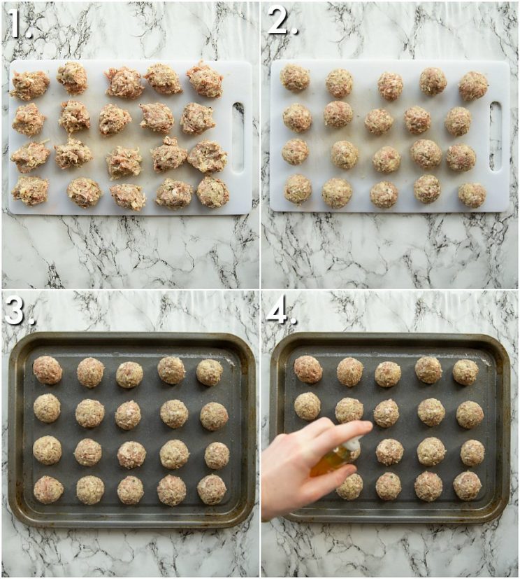 4 step by step photos showing how to cook sausage stuffing balls