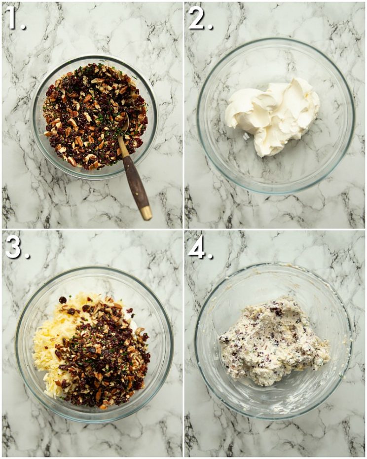4 step by step photos showing how to make cranberry pecan log