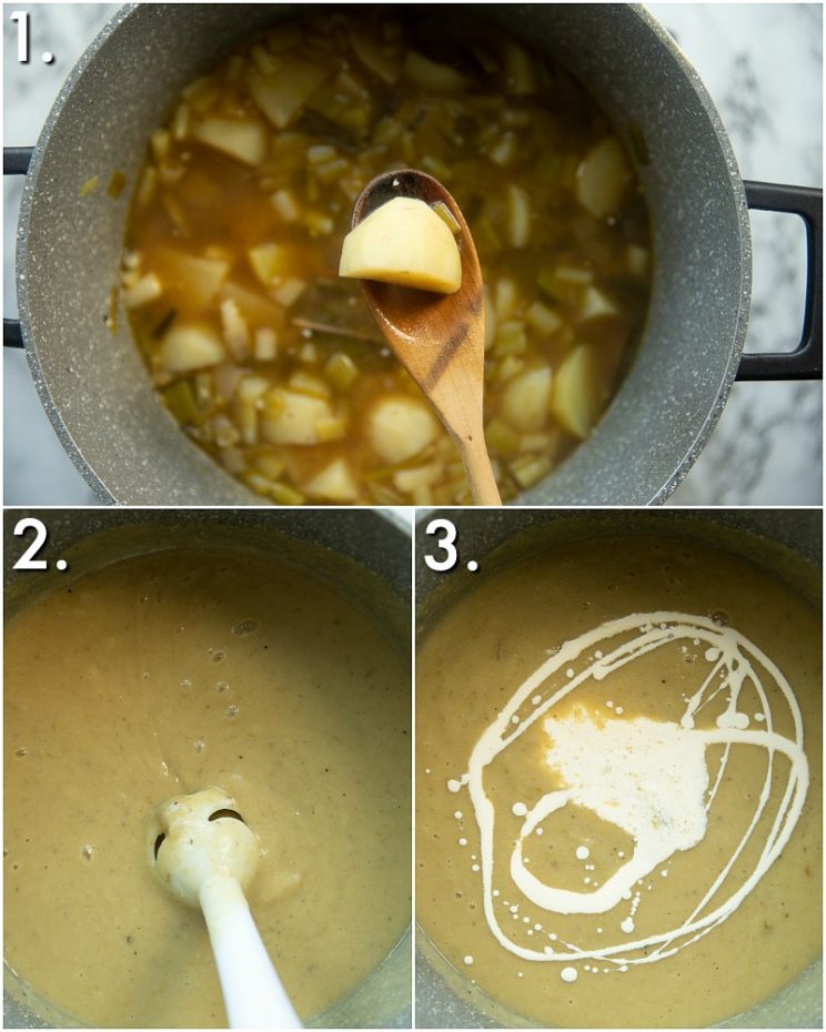3 step by step photos showing how to make creamy spring onion soup