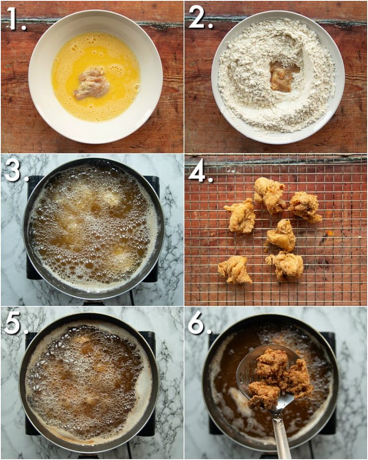 6 step by step photos showing how to make Japanese fried chicken