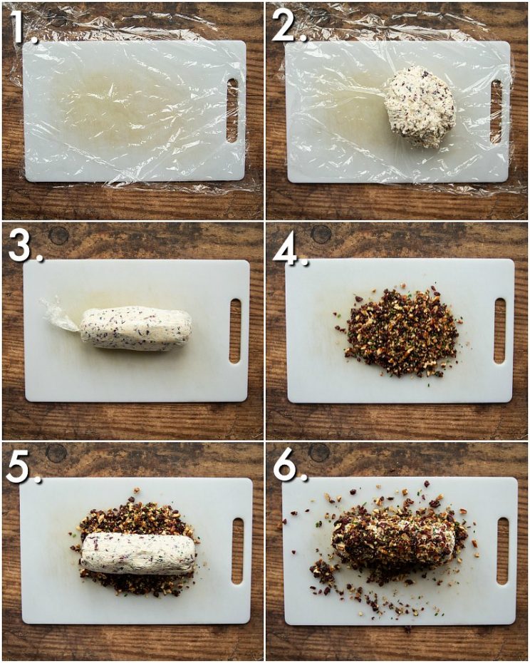 6 step by step photos showing how to make pecan cranberry log