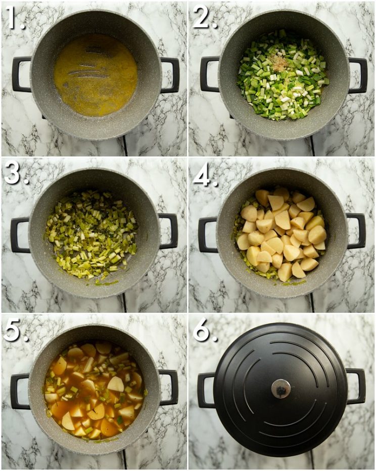 6 step by step photos showing how to make spring onion potato soup