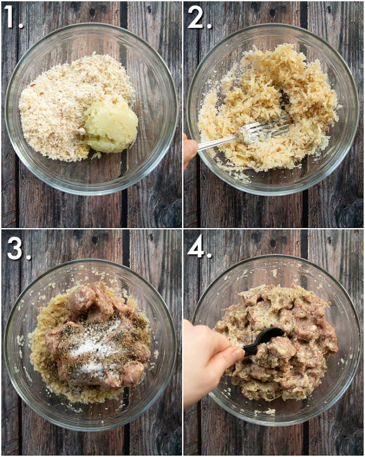 4 step by step photos showing how to make sausage stuffing balls