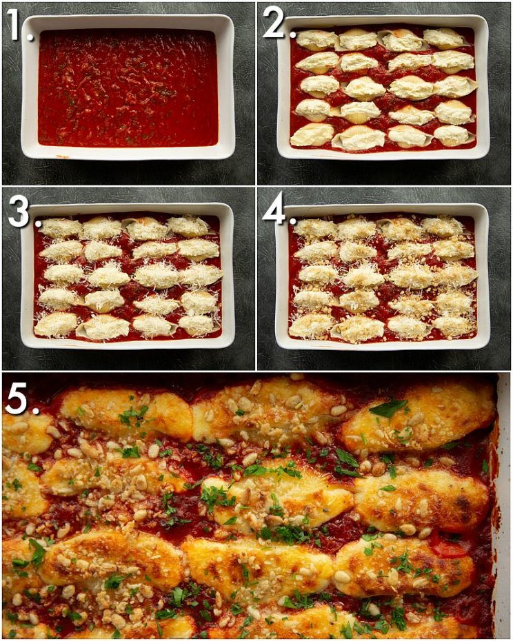 5 step by step photos showing how to make stuffed pasta shells