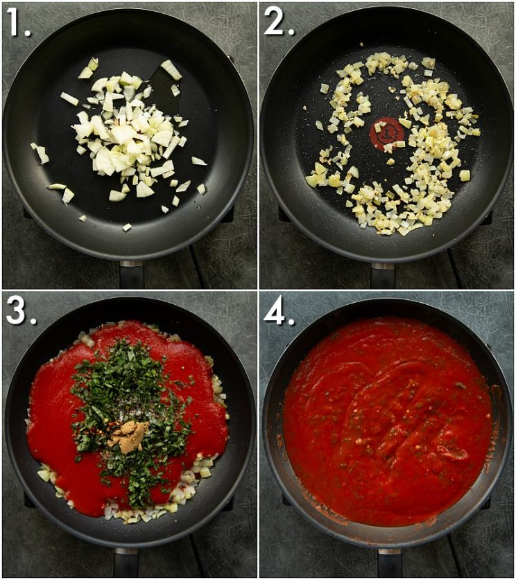 4 step by step photos showing how to make tomato basil pasta sauce