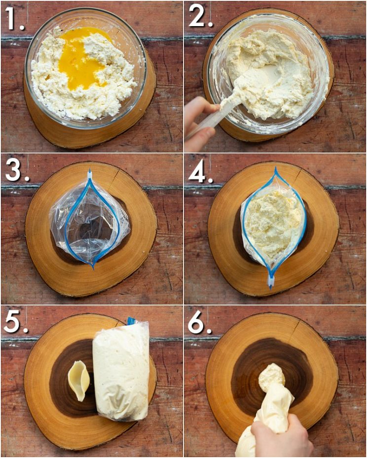 6 step by step photos showing how to stuff pasta shells