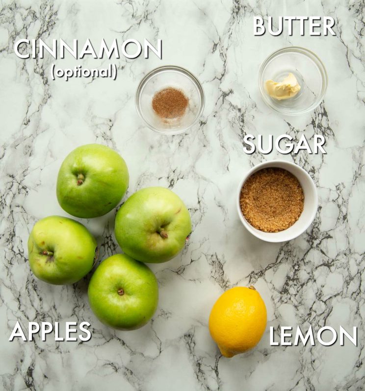 overhead shot of apple sauce ingredients with text labels