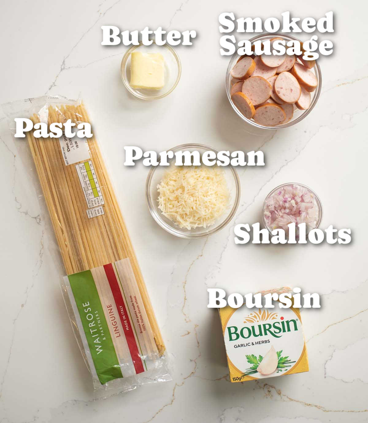 overhead shot of boursin pasta ingredients with text overlay