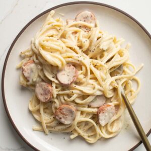 overhead shot of boursin pasta with gold fork boursin pasta