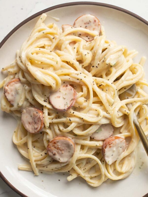 overhead shot of boursin pasta with gold fork boursin pasta