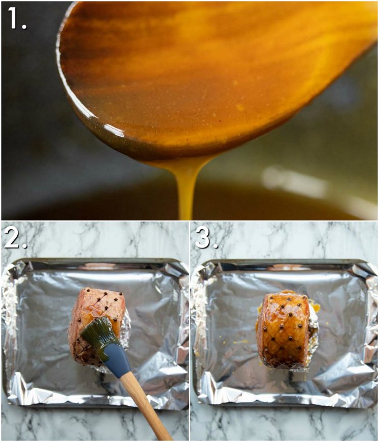 3 step by step photos showing how to glaze ham