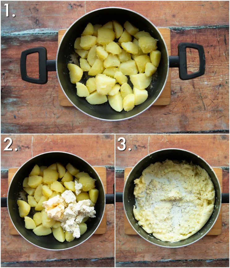 3 step by step photos showing how to make boursin mashed potatoes