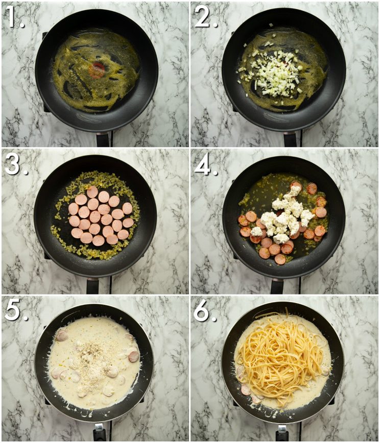 6 step by step photos showing how to make Boursin pasta
