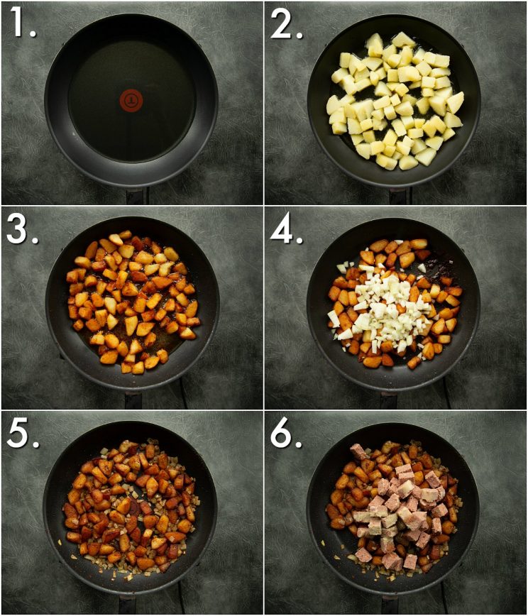 6 step by step photos showing how to make corned beef hash