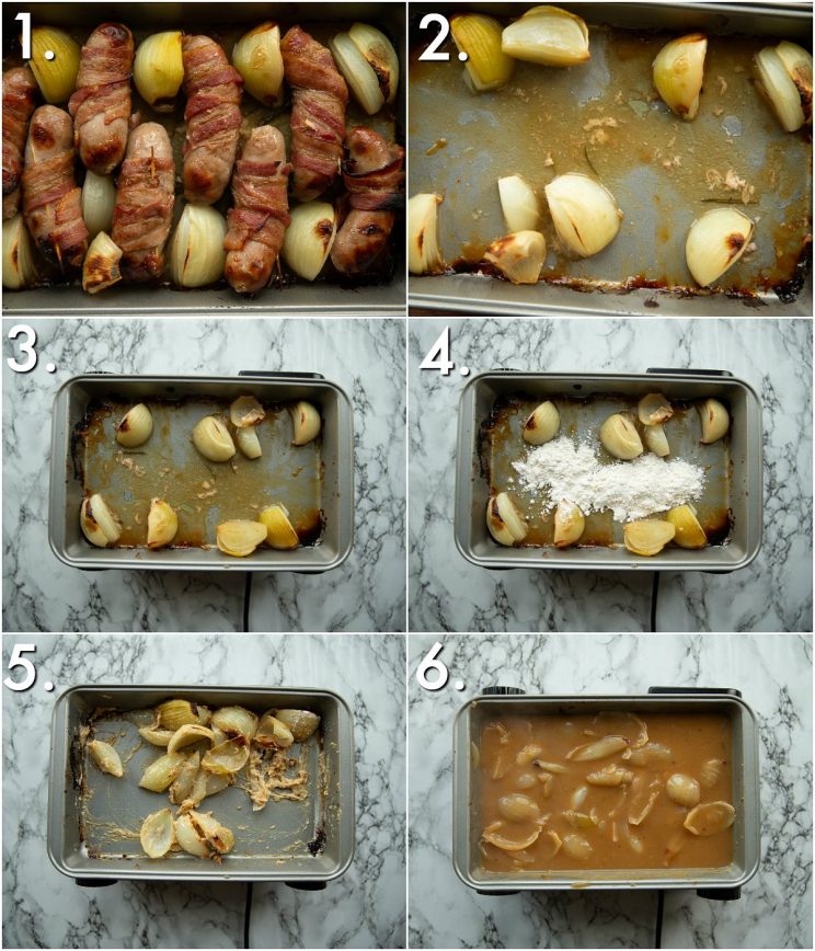 6 step by step photos showing how to make gravy for sausages