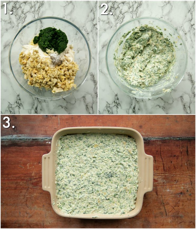 3 step by step photos showing how to make spinach artichoke dip