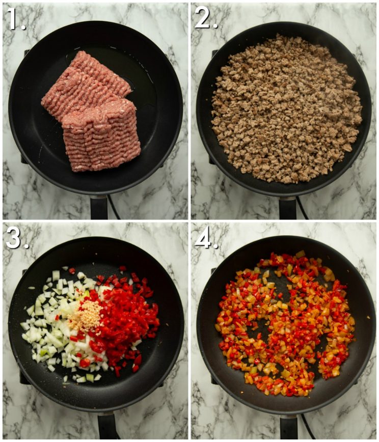 4 step by step photos showing how to prep slow cooker turkey chili