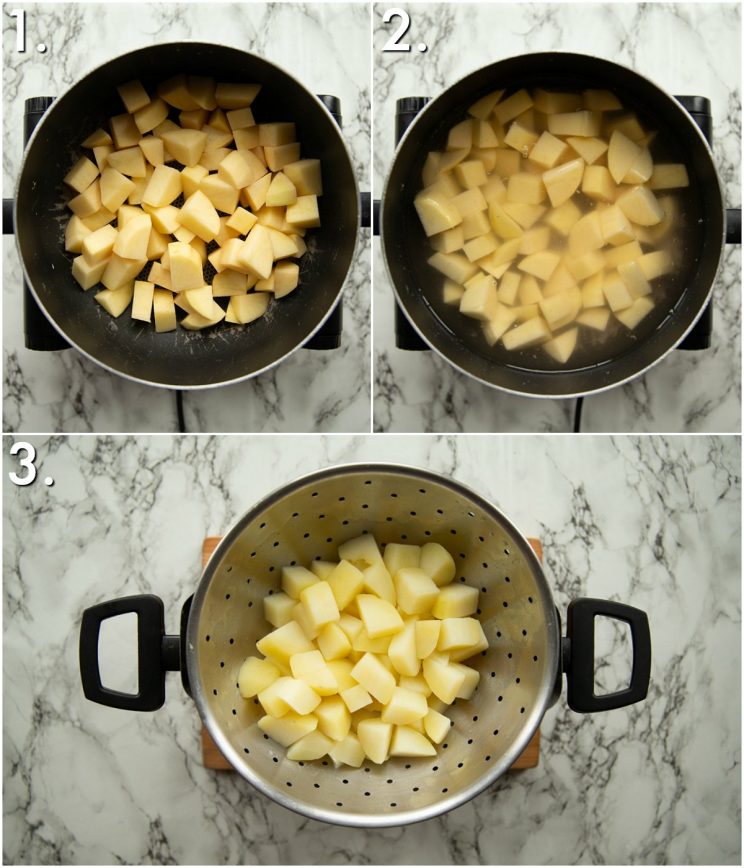 3 step by step photos showing how to prepare corned beef hash