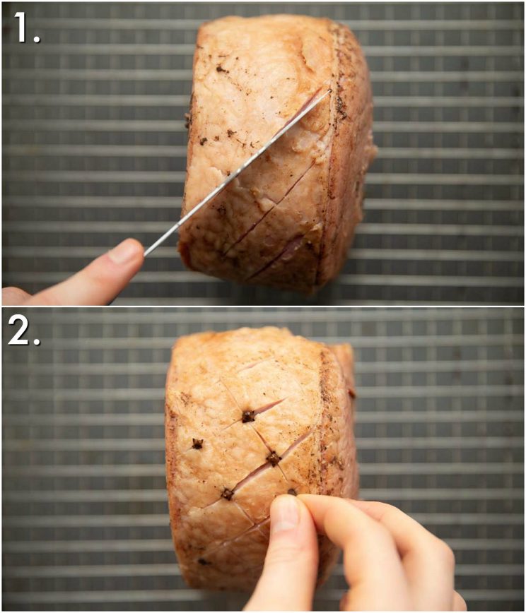 2 step by step photos showing how to prepare gammon