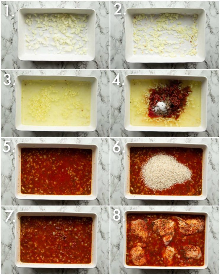 8 step by step photos showing how to bake chicken and rice