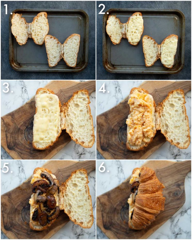 6 step by step photos showing how to make breakfast croissants