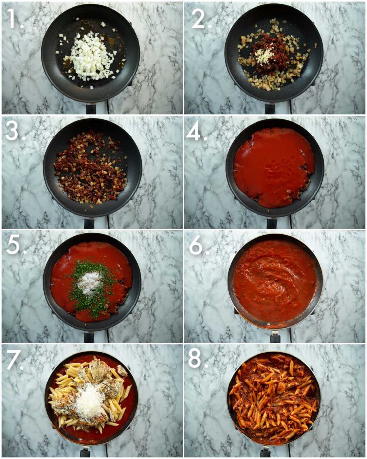 8 step by step photos showing how to make chicken pasta