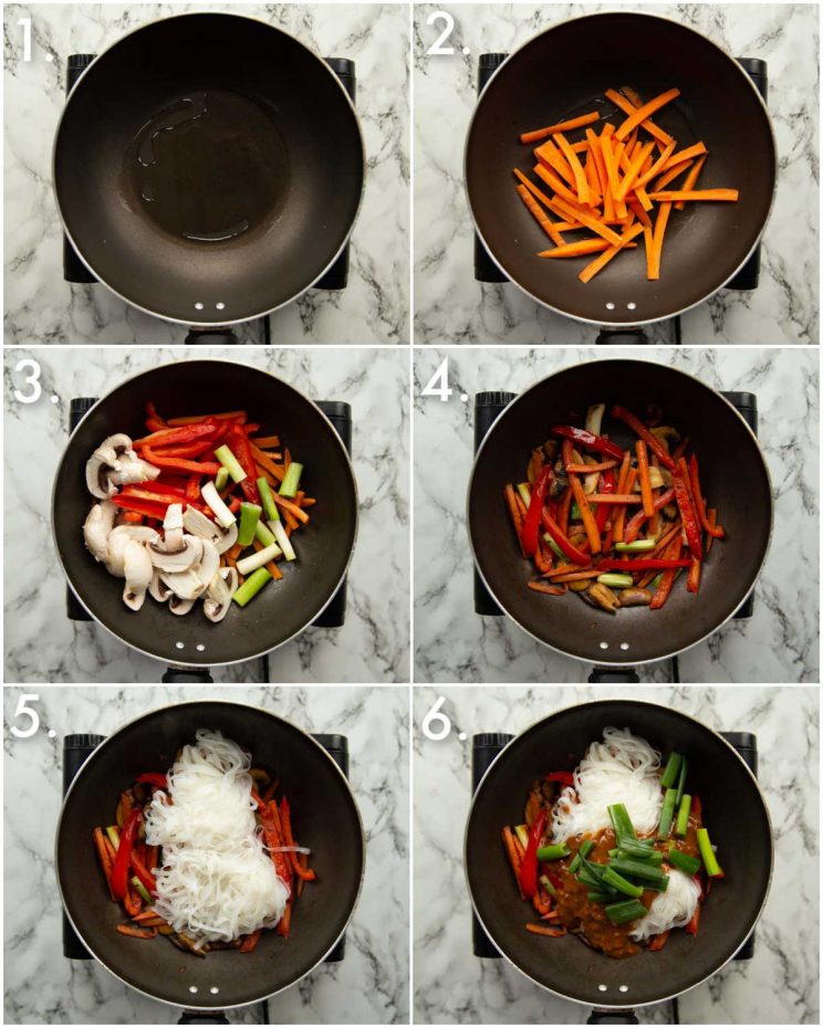 6 step by step photos showing how to make peanut stir fry