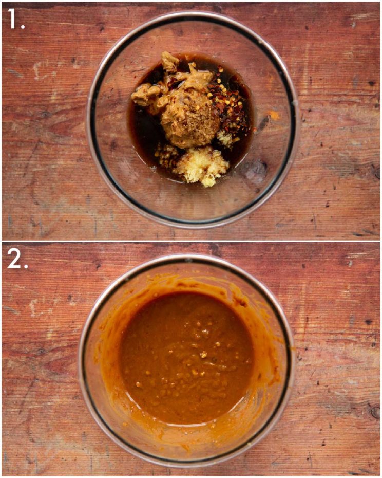 2 step by step photos showing how to make peanut stir fry sauce