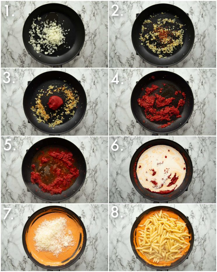 8 step by step photos showing how to make penne alla vodka