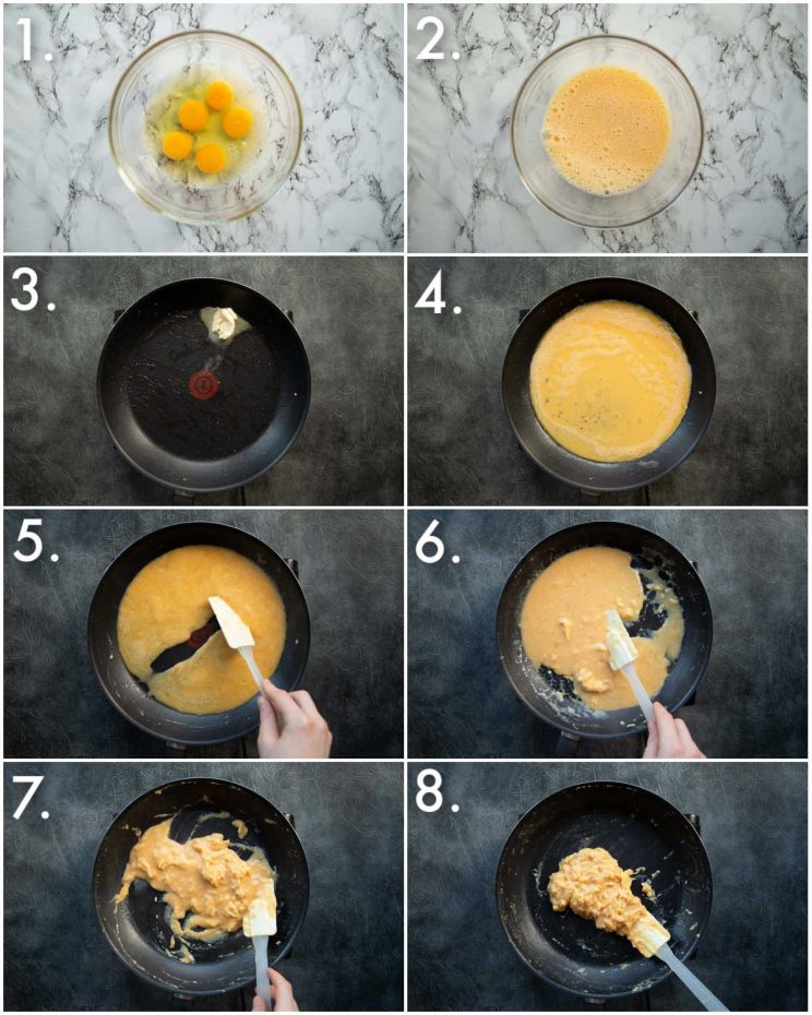 8 step by step photos showing how to make scrambled eggs