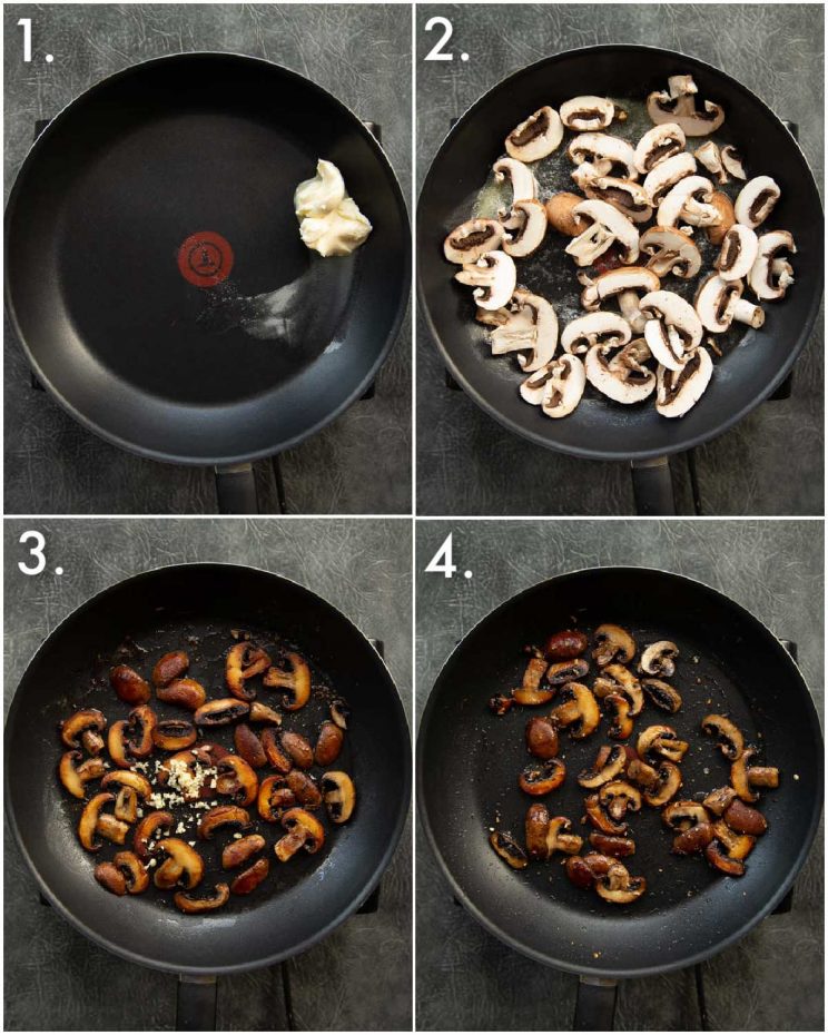 4 step by step photos showing how to pan fry mushrooms