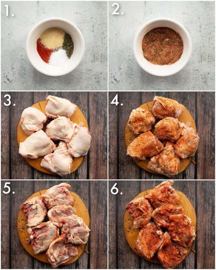 6 step by step photos showing how to season tomato basil chicken
