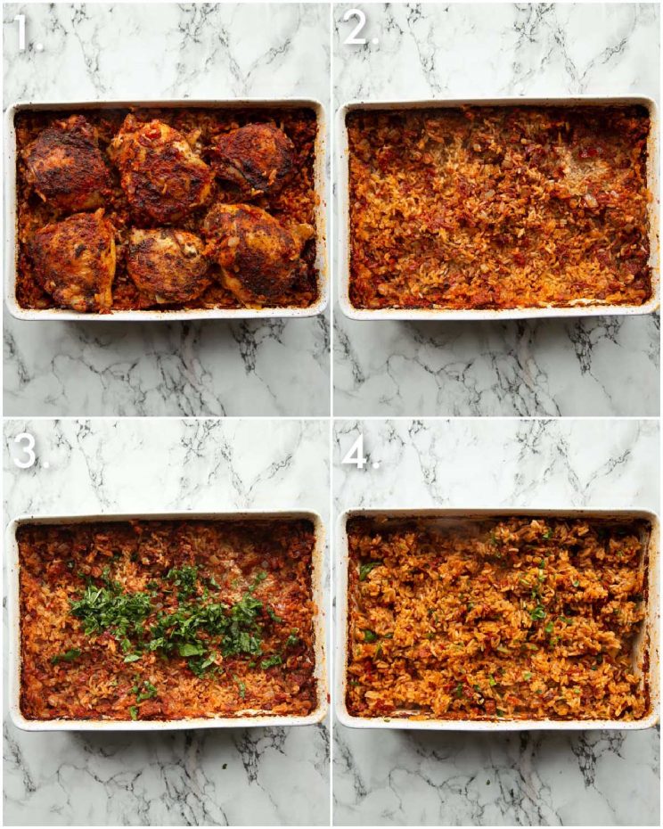 4 step by step photos showing how to serve chicken and rice