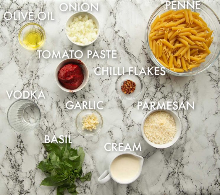 labelled over head shot of penne alla vodka ingredients