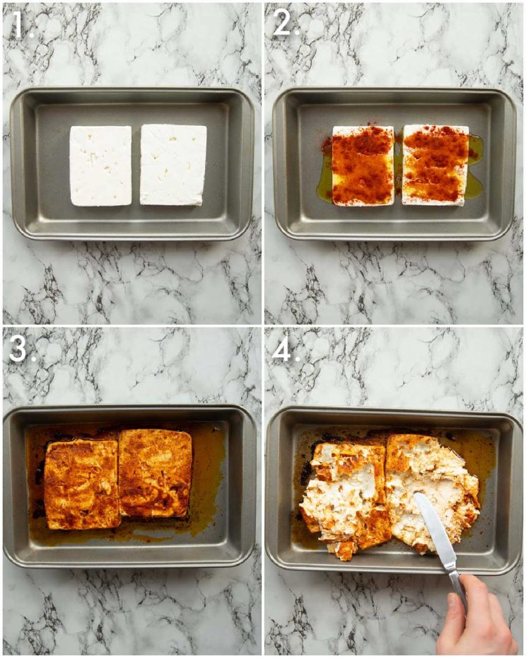 4 step by step photos showing how to bake feta