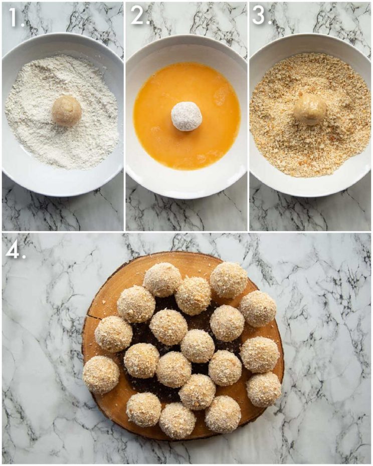 4 step by step photos showing how to coat mini chicken kievs